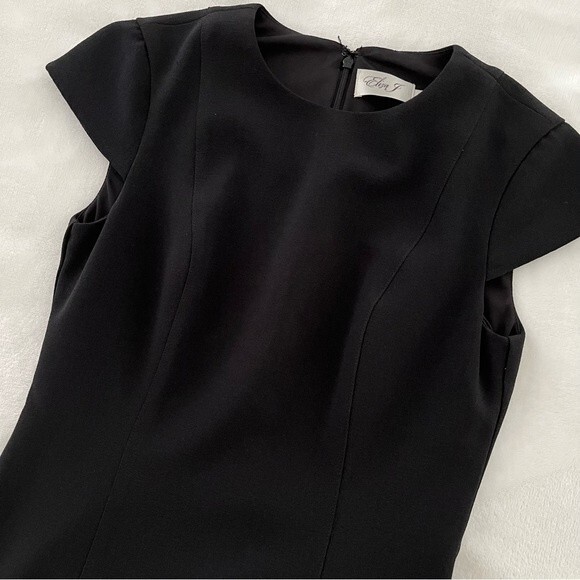 Eliza J Black Cap Sleeve Fit and Flare Tiered Flounce Hem Sheath Dress, Size 2P - Picture 9 of 13